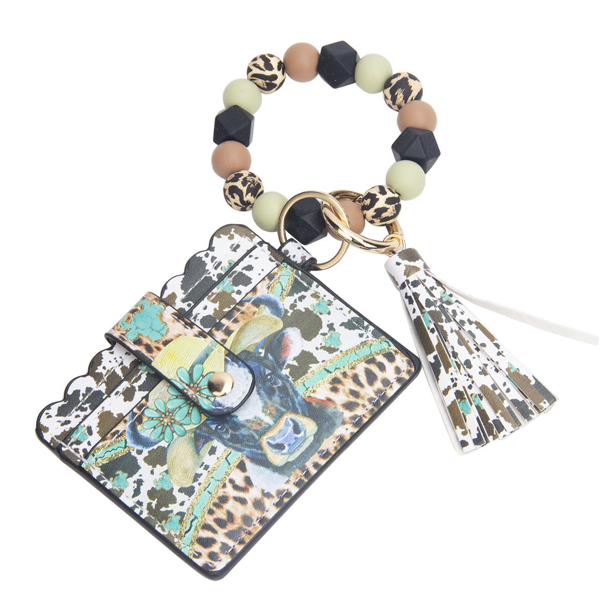 Wholesale Leopard Print Sunflower Card Holder Tassel Silicone Beaded Wrist Keychain